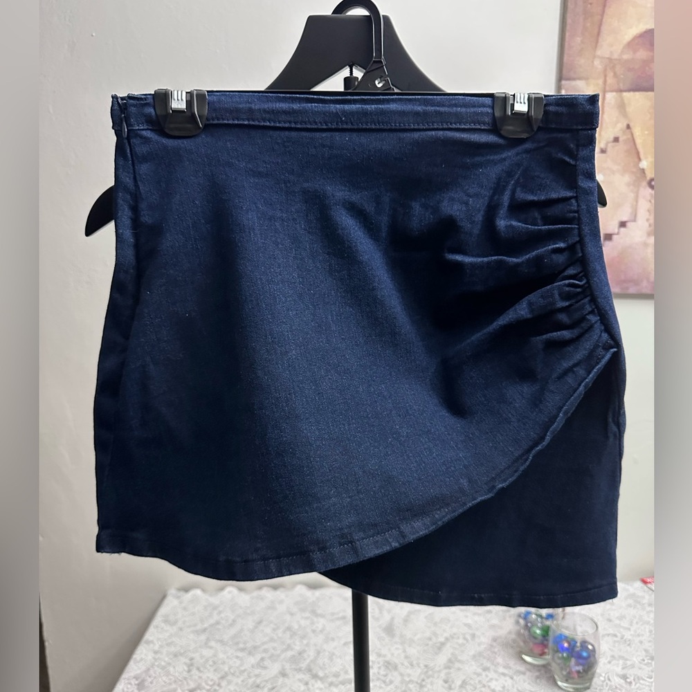 Navy Blue Denim Wrap Mini Skirt Shein Size 30 Y2K Ruched Side Cute Aesthetic